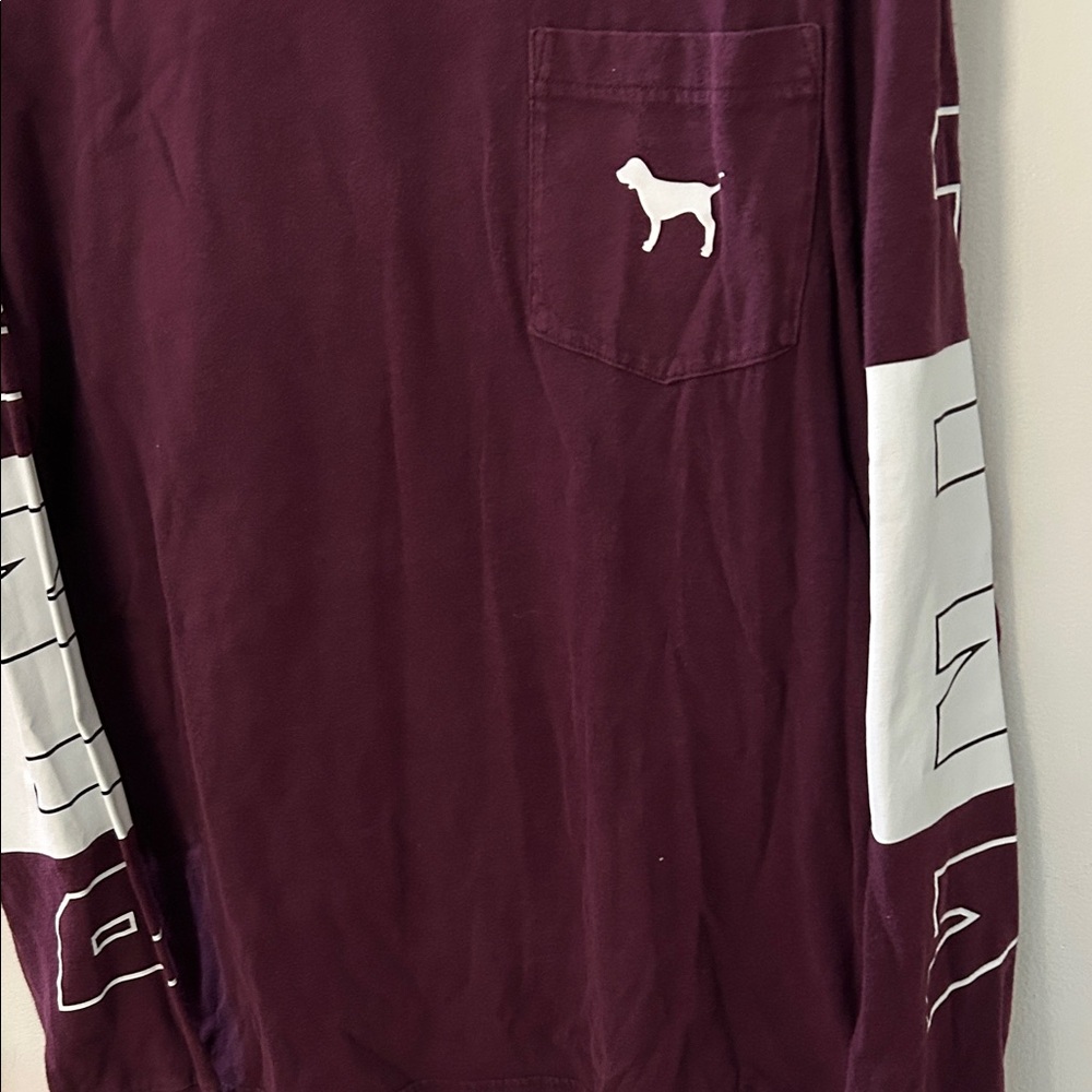 PINK Victoria's Secret Maroon Long-Sleeve Pocket Tee with White Sleeve Panels - Picture 3 of 9